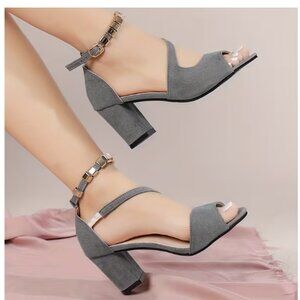 Block Heel Ankle Strap Sandals Faux Suede Gray Size 38